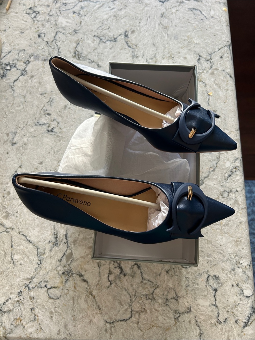 Pointed Toe Navy Leather Heels with Decorative Buckle